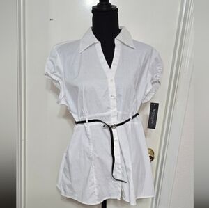 White Button-Up Women's Top with Belt